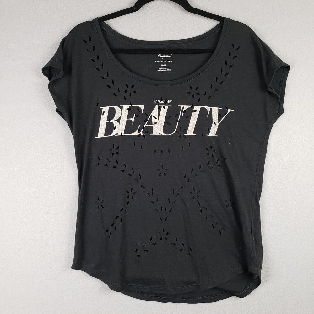 American‎ Eagle Women's M American Beauty Graphic Tee Shirt Black Laser Cut